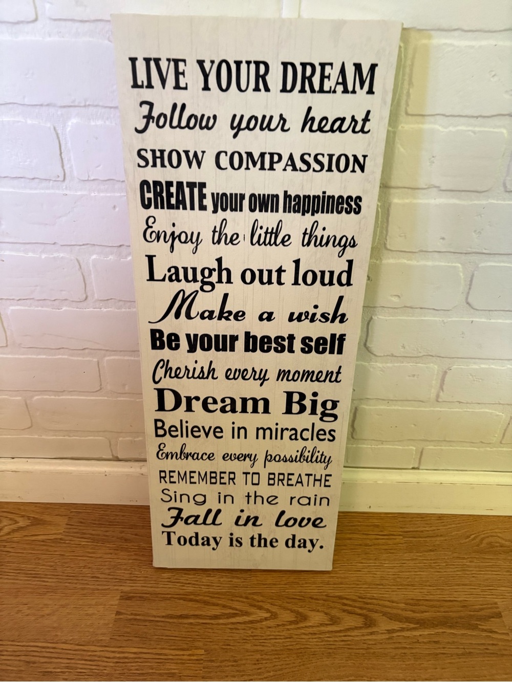 Inspirational Wall Sign - Black on White - Live Your Dream 9x24L